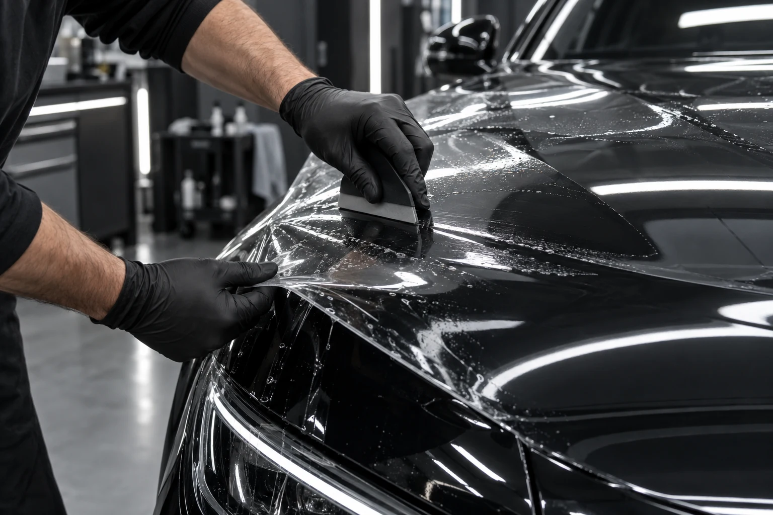 Pose d'un film de protection à la main sur une carrosserie noire