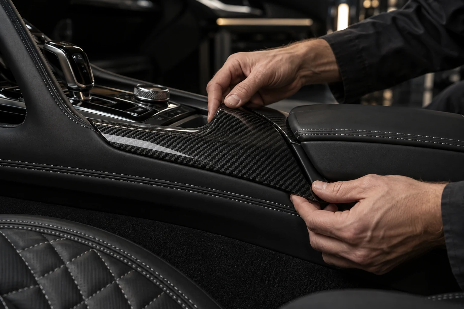 Ajustage à la main d’un habillage carbone sur une console en cuir surpiqué
