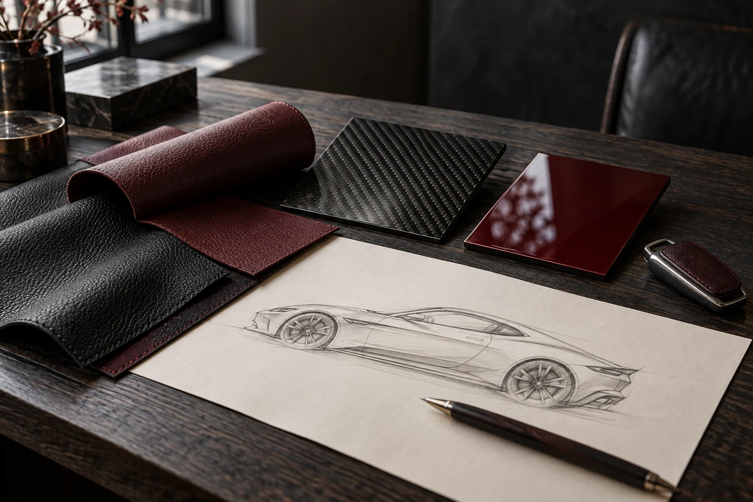 Croquis automobile et sélection de cuirs, carbone et laque pour un projet sur mesure