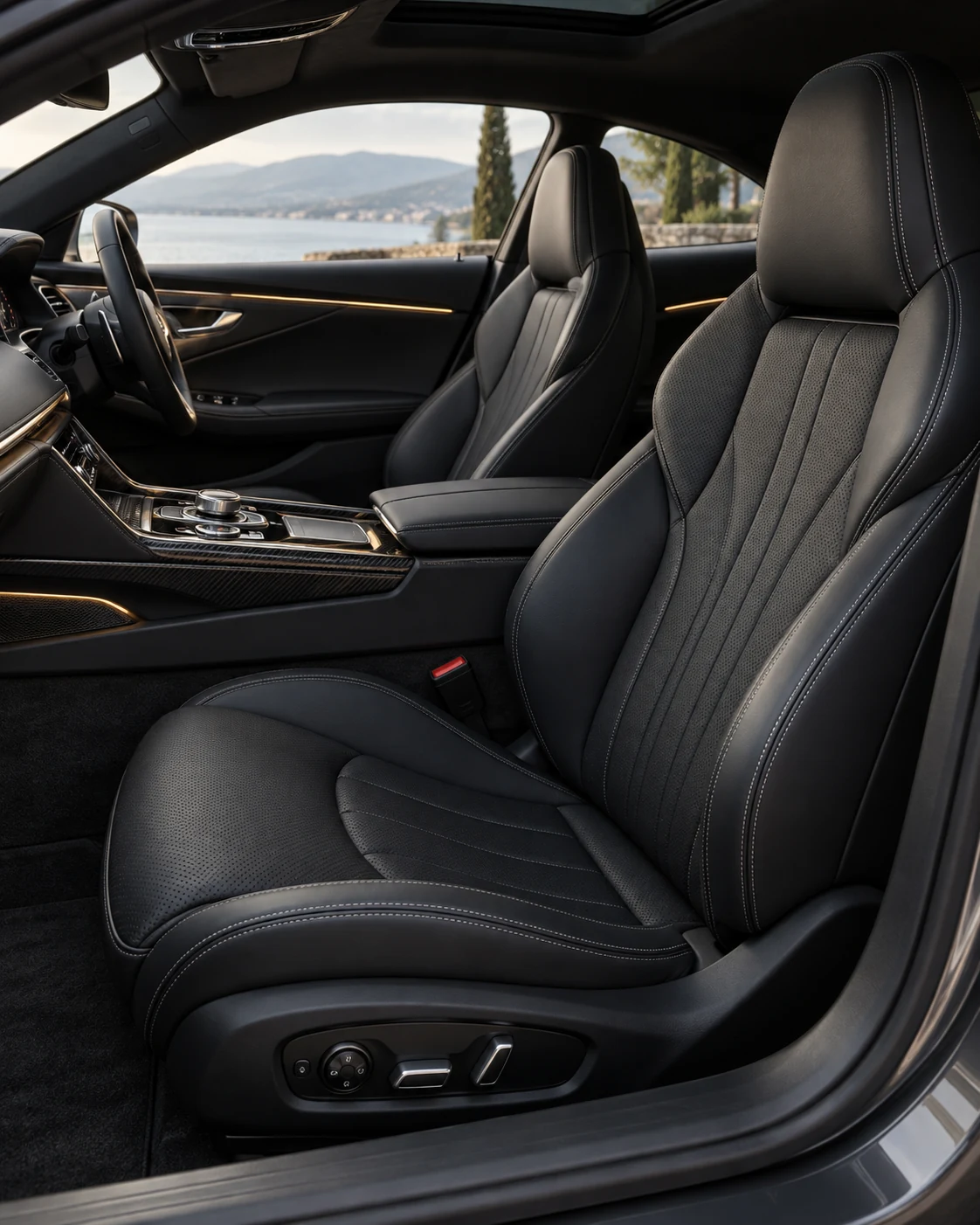 Habitacle de coupé GT : cuir noir surpiqué, console carbone et éclairage d’ambiance