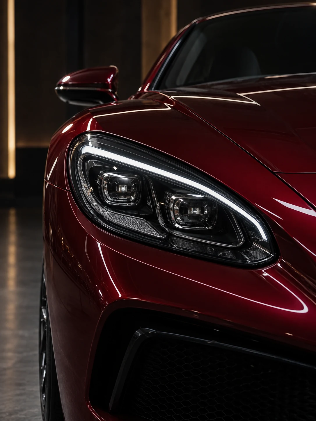 Projecteur et signature lumineuse d'une sportive rouge