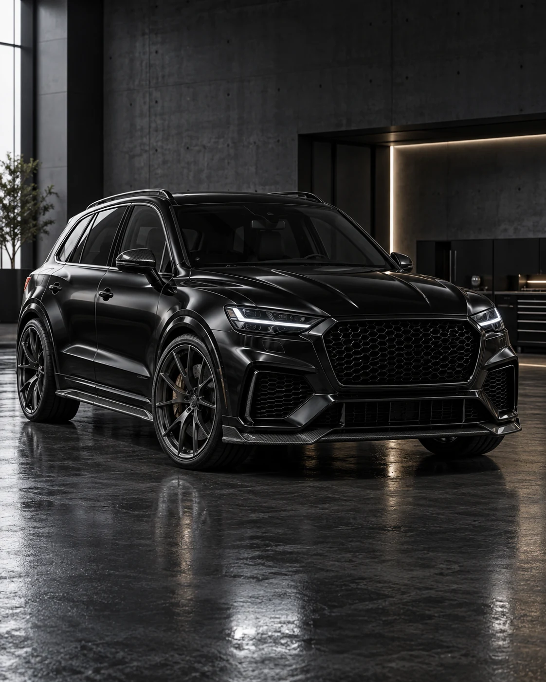 SUV de luxe noir sur sol mouillé